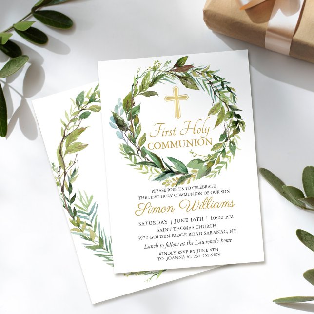 Gold Cross Greenery Wreath First Holy Communion Invitation (Creator Uploaded)