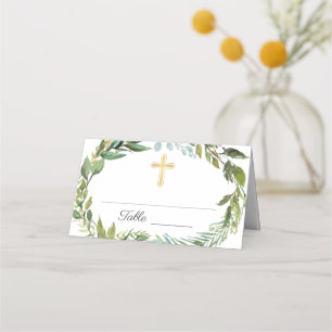 Gold Cross Greenery Wreath First Holy Communion Place Card