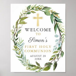 Gold Cross Greenery Wreath First Holy Communion Poster