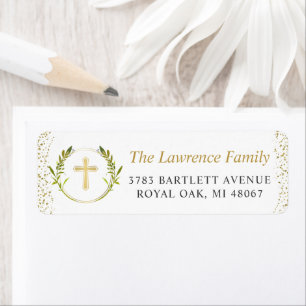 Gold Cross Greenery Wreath Return Address Label