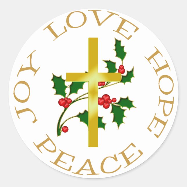 Gold Cross Holly Christmas Hope Classic Round Sticker (Front)