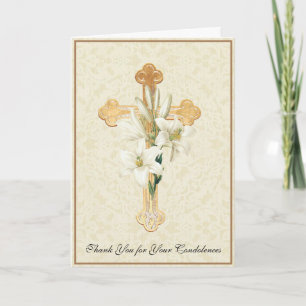 Gold Cross Lilies  Christian Condolence Thank You Card