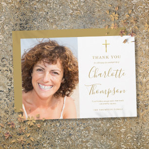 Gold Cross Memorial Funeral Photo Thank You Card