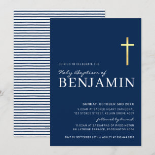GOLD CROSS modern holy baptism minimal navy blue I Invitation