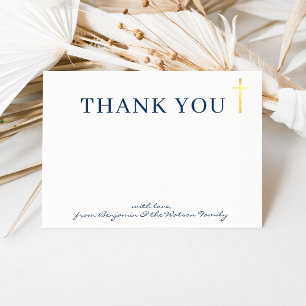 GOLD CROSS modern holy baptism navy blue thank you Invitation