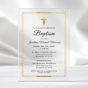 Gold Cross Modern Script Minimal Elegant Baptism Acrylic Invitations