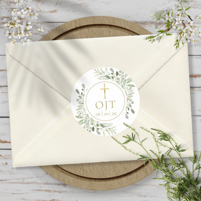 Gold Cross Monogram Initials Greenery Classic Round Sticker (Gold Cross Monogram Initials Greenery Classic Round Sticker)