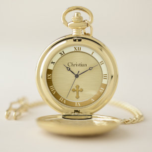 Gold Cross Name Template Pocket Watch