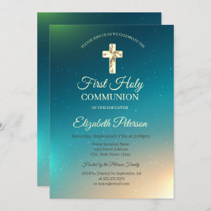 Gold Cross Ombre First Holy Communion Invitation
