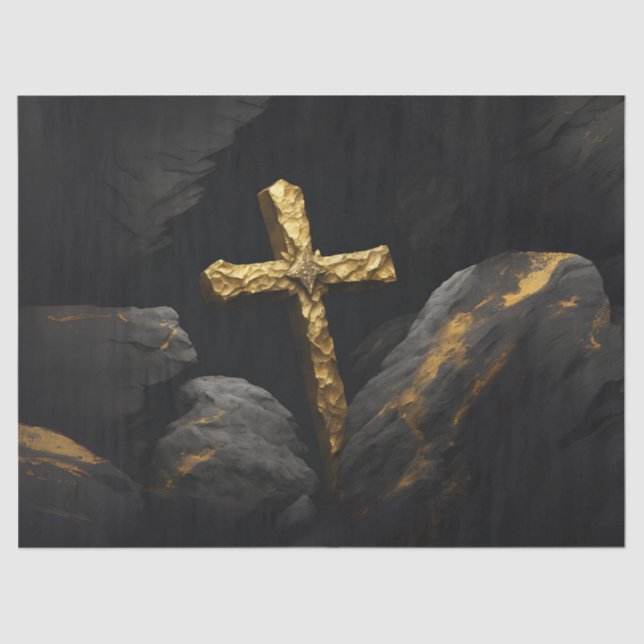 Gold Cross on A Rock Tissue Paper (Front)