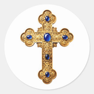 Gold Cross on Any Colour Blue Stones Classic Round Sticker