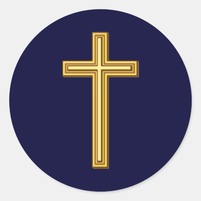 Gold Cross on Blue Classic Round Sticker (Front)