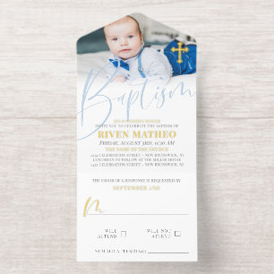 Gold Cross Pale Blue Script Photo Baptism Foil All In One Invitation