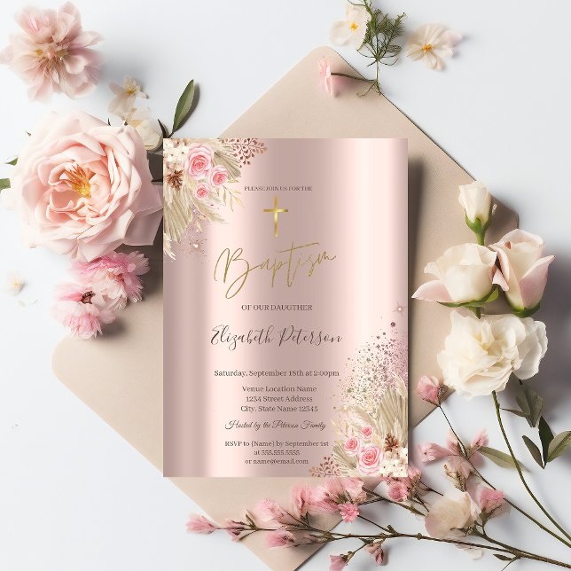 Gold Cross Pampas Grass Flowers Baptism Rose Gold  Invitation (Creator Uploaded)