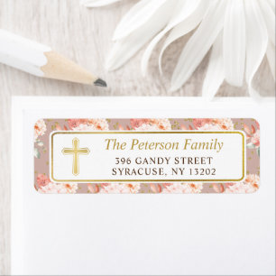 Gold Cross Pastel Coral Floral Return Address Label