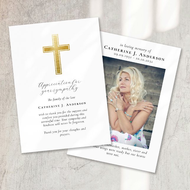 Gold Cross Photo Sympathy Funeral Memorial Thank You Card (Creator Uploaded)