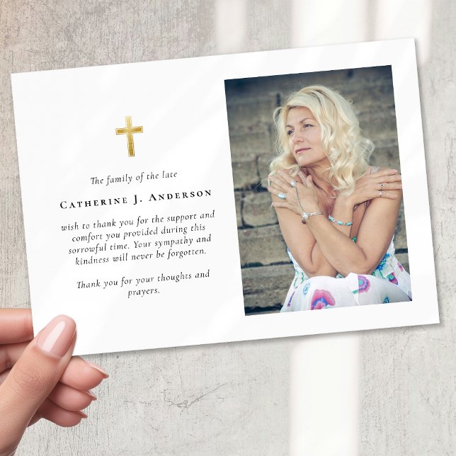 Gold Cross Photo Sympathy Funeral Memorial Thank You Card (Creator Uploaded)