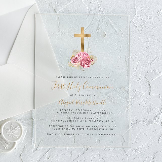 Gold Cross Pink Floral First Communion Acrylic Invitations (Creator Uploaded)