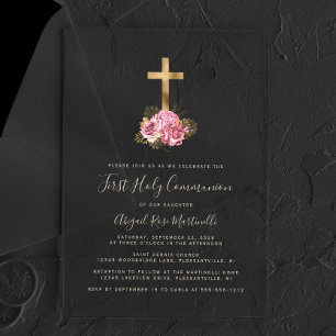 Gold Cross Pink Floral Gold Text First Communion Acrylic Invitations