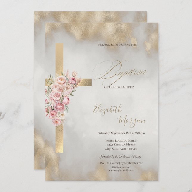  Gold Cross Pink Flowers Baptism Glitter Gold Invitation (Front/Back)
