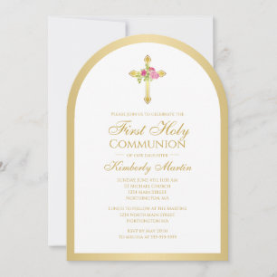 Gold Cross Pink Roses Floral Arch First Communion  Invitation