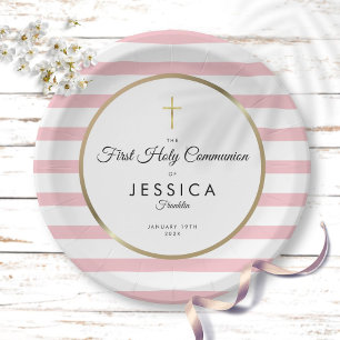 Gold Cross Pink Stripe First Holy Communion Paper Plate