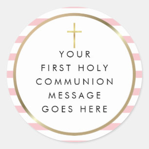 Gold Cross Pink Stripe Holy Communion Message Classic Round Sticker