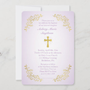 Gold Cross Purple Baptism Photo Invitation