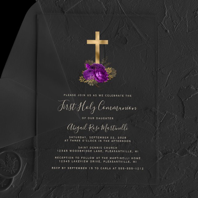 Gold Cross Purple Floral Gold Text First Communion Acrylic Invitations (Creator Uploaded)