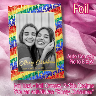 Gold Cross Rainbow Flag Black and White Photo LGBT Foil Holiday Card