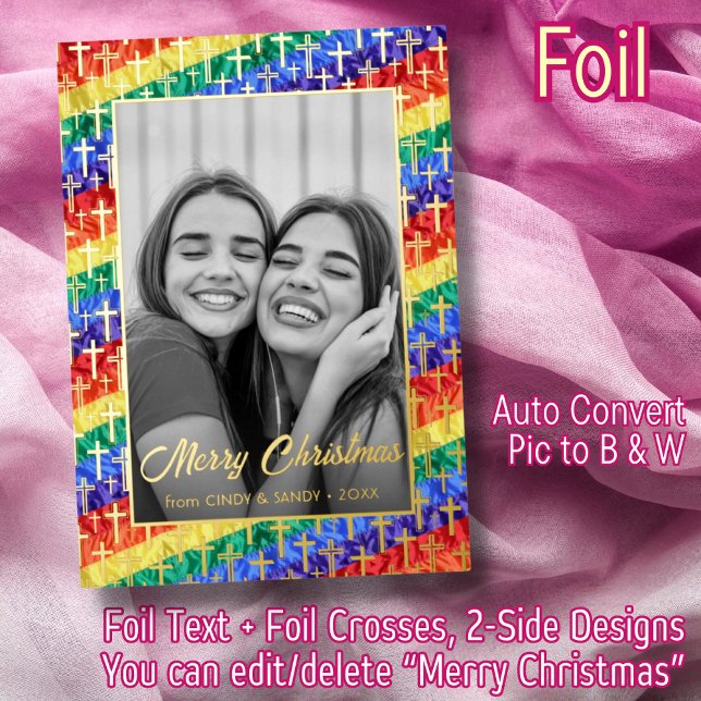 Gold Cross Rainbow Flag Black and White Photo LGBT Foil Holiday Card (Creator Uploaded)