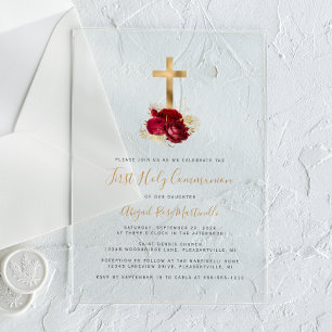 Gold Cross Red Floral First Communion Acrylic Invitations