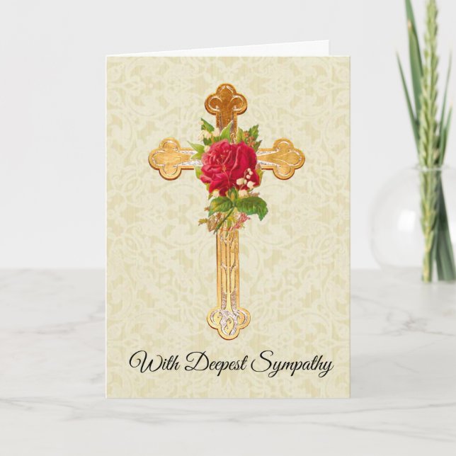 Gold Cross Red Roses Sympathy Condolence Card (Front)