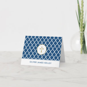 Gold Cross Religious Thank You, Navy Quatrefoil Thank You Card