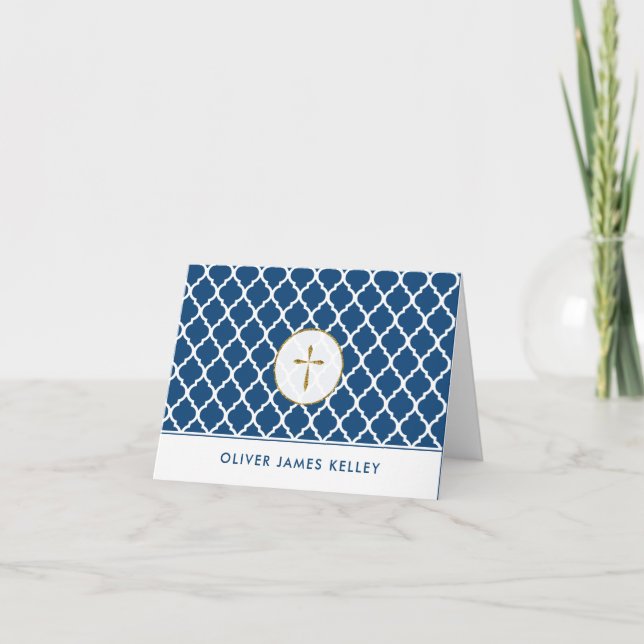 Gold Cross Religious Thank You, Navy Quatrefoil You Card (Front)