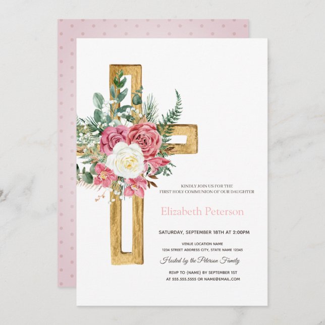 Gold Cross Roses,Dotted First Holy Communion   Invitation (Front/Back)