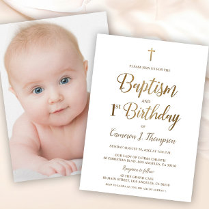 Gold Cross Simple Baptism and 1st birthday Photo Invitation