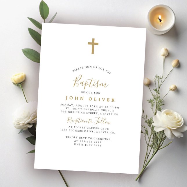 Gold cross simple minimalist boy baptism invitation (Creator Uploaded)