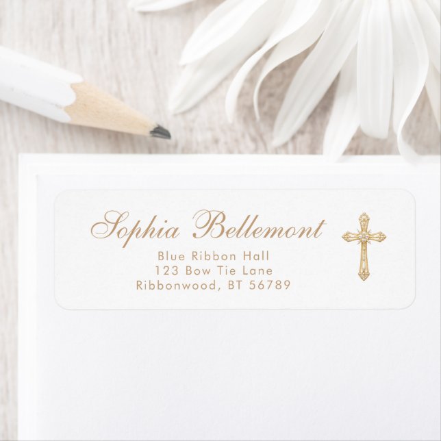Gold Cross Simple Religious Baptism Return Address Label (Insitu)