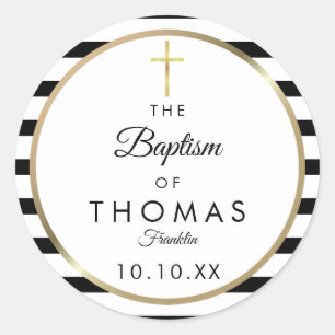 Gold Cross Stripe Baptism Christening Classic Round Sticker