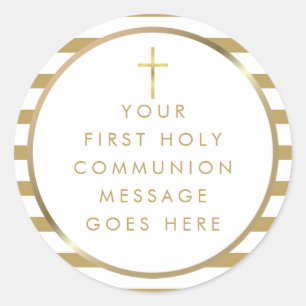 Gold Cross Stripe First Holy Communion Message Classic Round Sticker