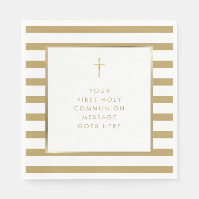 Gold Cross Stripe First Holy Communion Message Napkin (Front)