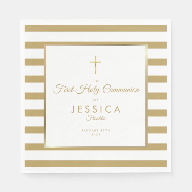Gold Cross Stripe First Holy Communion Napkin (Front)