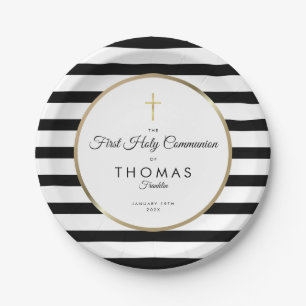 Gold Cross Stripe First Holy Communion Paper Plate