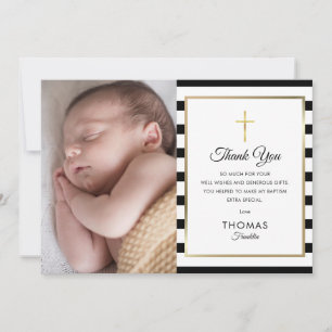 Gold Cross Striped Baptism Christening Photo Thank You Card