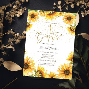Gold Cross Sunflowers Baptism  Invitation