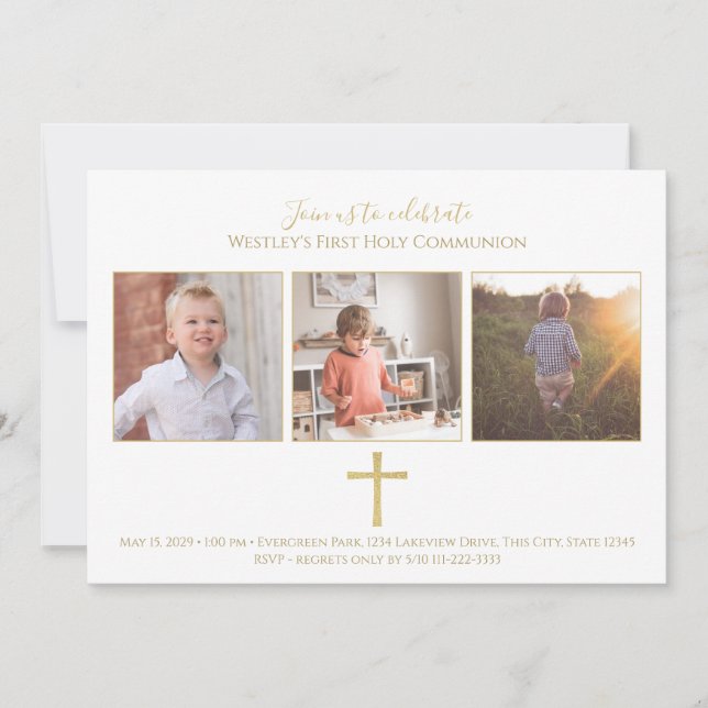 Gold Cross Tri Photo Modern First Communion Invitation (Front)