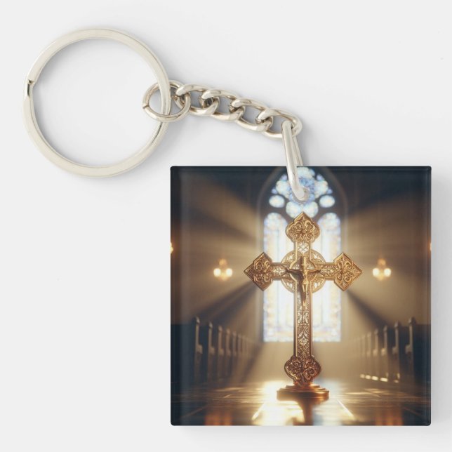 Gold Cross w/Crucifix  Key Ring (Front)