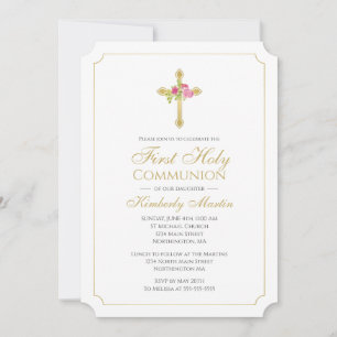 Gold Cross w/ Pink Roses Floral First Communion Invitation