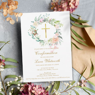 Gold Cross Watercolor Floral Confirmation Invitation